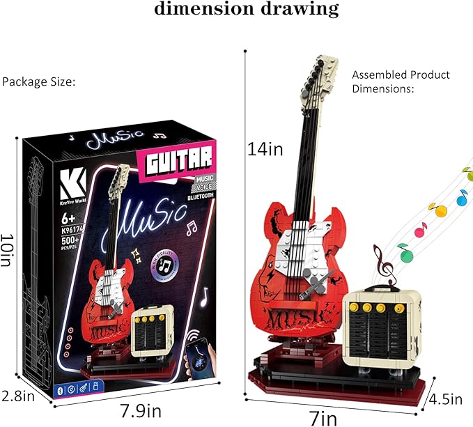 Guitar Music Interactive Building Set for Music Lovers, DIY Guitar Model Toy Compatible with Lego,Reverb Amplifier & Authentic Accessories, Perfect Way to Rock Gift Giving.