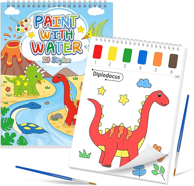 SOCOLER Paint with Water Coloring Books for Toddlers, Dinosaur Mess Free Watercolor Painting Papers for Kids Water Color Paint Kit with 2 Brushes Art Craft Birthday Gift for Ages 1-3, 4-8