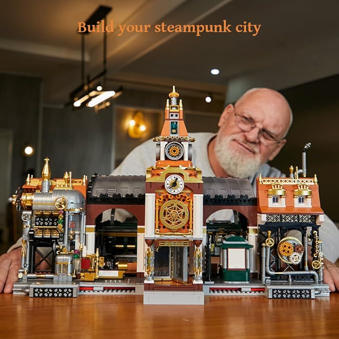 PANTASY Train Station Architecture Building Set, Steampunk Railway Station Building-Bricks Set, Features a Buildable Train, Tracks, Ticket Office Construction Building Toy Kit for Adults and Teen