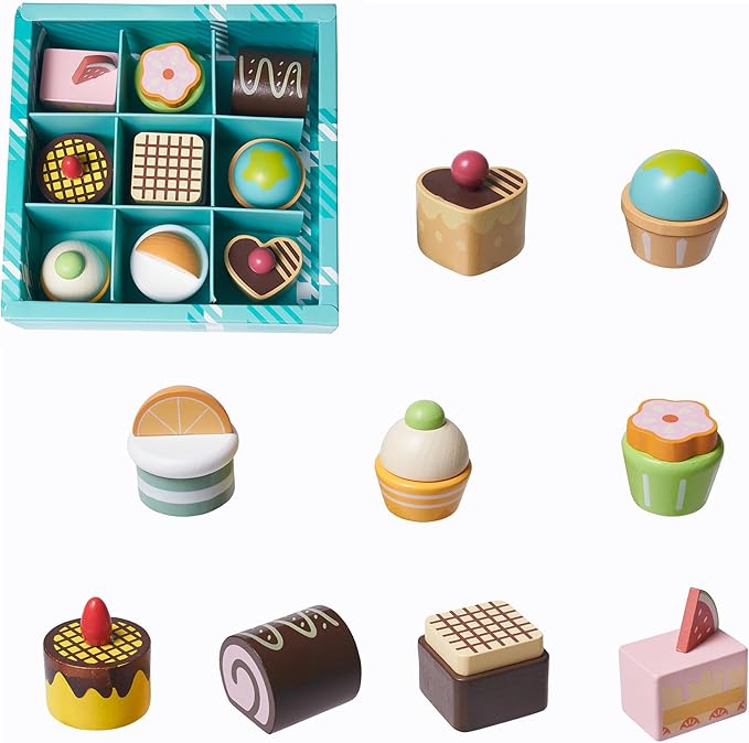 10pcs Wooden Dessert Set Toddler Pretend Play Toy Food, Sweets Playset with Muffin, Cupcake, Chocolate Cake & Roll, Kids Food Toys Play Kitchen Accessories Boys and Girls Birthday Gift