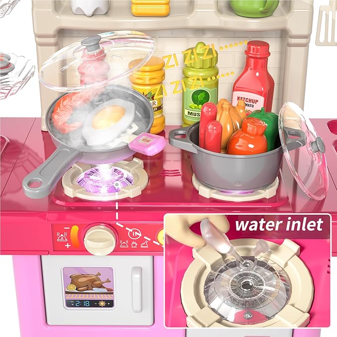 Toddler Kids Kitchen Playset, Play Kitchen Set with Sounds and Lights for Toddlers Kids 3-5 6-8, Pretend Food Toy Kitchens Christmas Birthday Gifts for Toddlers Kids 3 4 5 6 7 8 Years Old