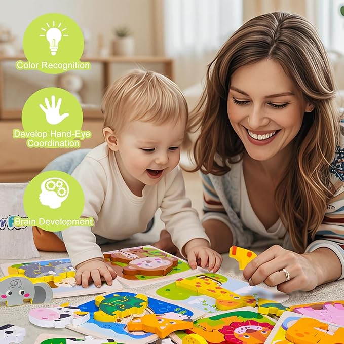 Wooden Puzzle for Toddler 1-3, 8 Pcs Toddler Puzzle Ages 2-4, Baby Animal Puzzle for Toddler, Montessori Puzzles Toys for 1 2 3 Year Old Boy Girl, Learning Preschool Educational Puzzle Toy(8 Pcs)
