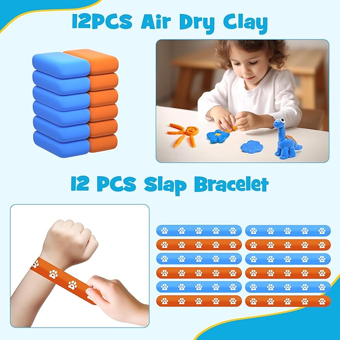Dog Paw Print Party Favors Set 73PCS Dog Paw Print Party Supplies include Paw Print Drinking Straw, Footprint Stamper, Air Dry Clay ,Slap Bracelet , Footprint Sticker Roll, Gift Bag for Kids
