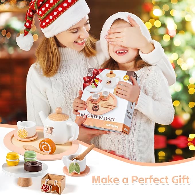 OMYBaby Wooden Tea Set for Little Girls, 19pcs Tea Party Playset with Teapot, Tea Cups, Dessert Stand, Macaroons, Cakes & Tray, Tea Time Playset Pretend Play Kitchen Toys Gift for Girls & Toddlers 3Y+