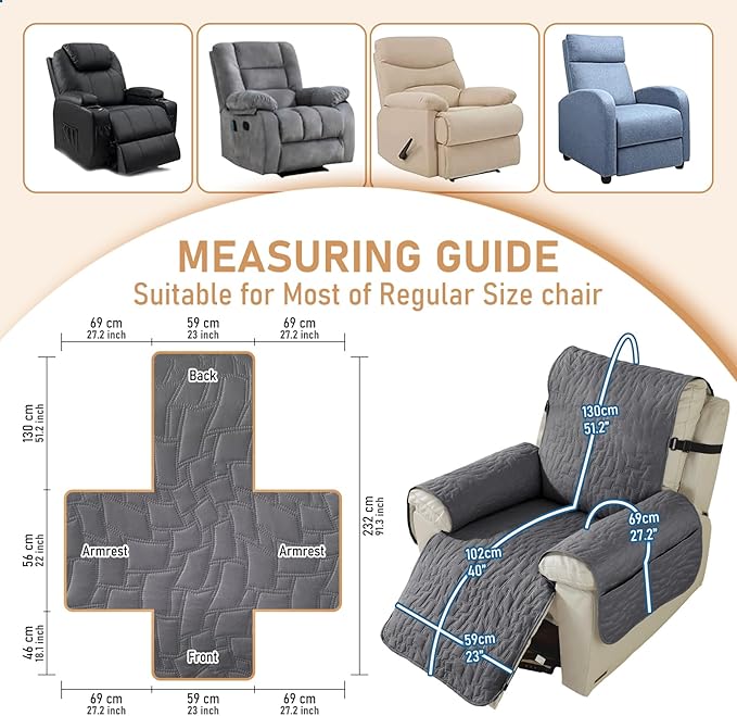 100% Waterproof Recliner Chair Covers for Reclining Chair, Small Recliner Covers That Stay in Place, Non-Slip Recliner Armchair Cover with Pockets for Kids, Pets, Dogs, Cat, Washable,Dark gray