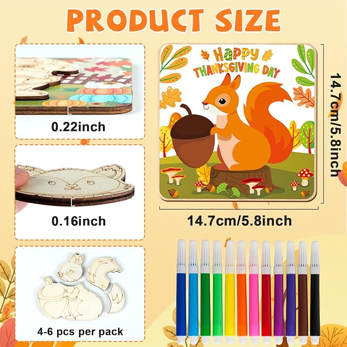 12 Pack Fall Thanksgiving Wooden Puzzles for Toddlers Autumn Puzzles Coloring Craft Kits for Kids Boys Girls Montessori Toys Harvest Party Favors Treat Bag Gifts Educational Learning Jigsaw Puzzle