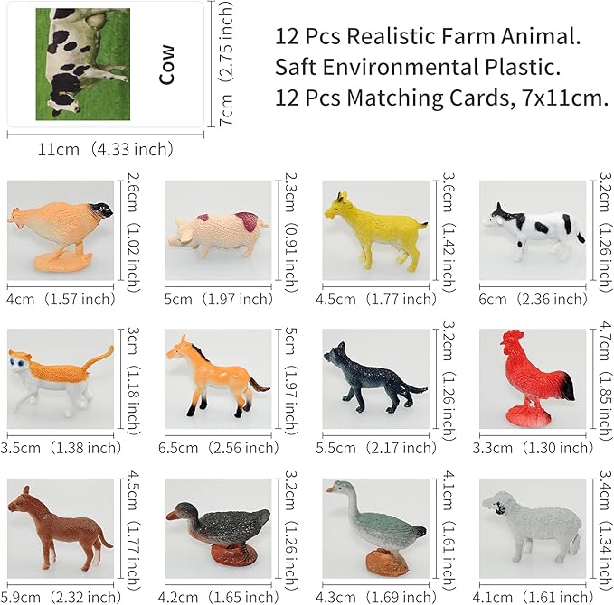 Farm Animal Toys with Flash Cards - 12 Sets of Realistic Animal Figures - Educational Learn Cognitive Toys & Animal Matching Game Playset for Toddlers Kids