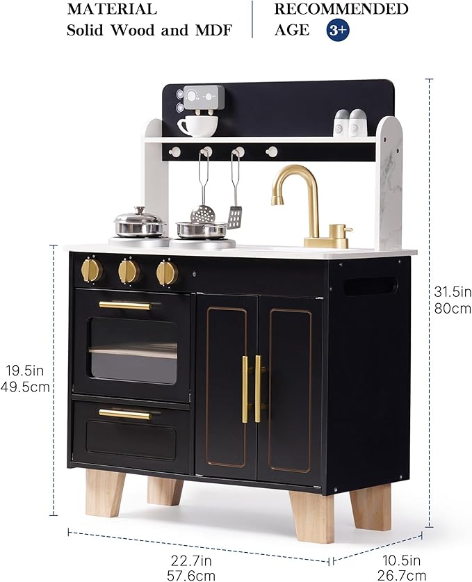ROBOTIME Play Kitchen for Kids, Wooden Kids Play Kitchen Playset, Toddler Kitchen Pretend Play Set with Marble-Style Countertop, Modern Toy Kitchen for Girls and Boys Ages 3+