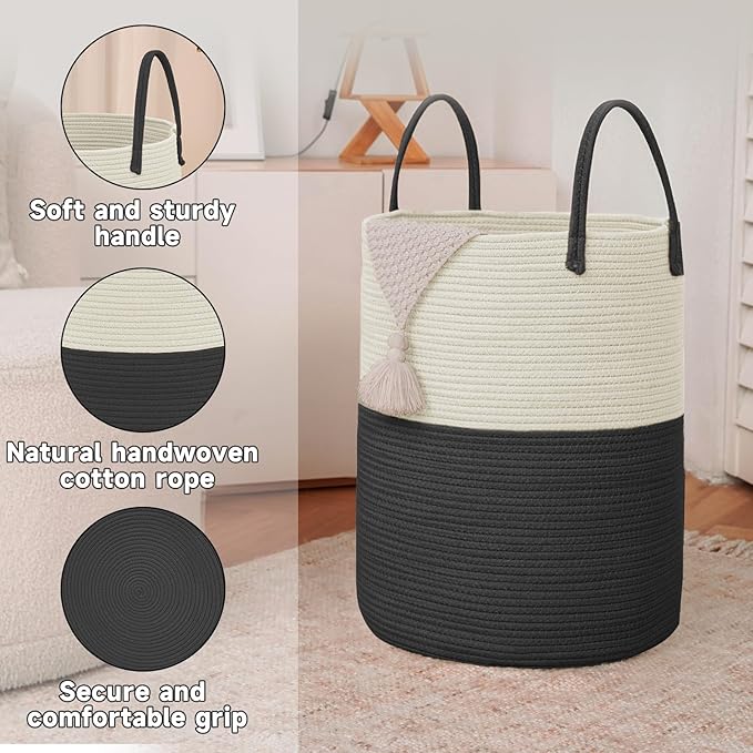 JMvicyroam Large Woven Laundry Basket Hamper,80L Cotton Rope Storage Bin for Blankets,Toys and Clothes,Decorative Tall Nursery Hamper for Living Room,Baby Nursery,Bathroom and Bedroom,White and Black