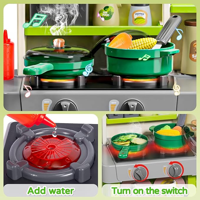 Letapapa Kids Pretend Play Kitchen Set, Kitchen Toys with Realistic Sound & Light, Cooking Stove, Sink, Play Food and Kitchen Accessories, Pretend Kitchen Playset Gifts for Toddlers Girls Boys