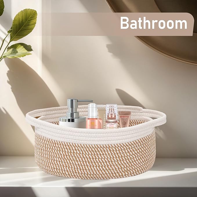 JMvicyroam Woven Basket,Small Rope Storage Bin with Handles & Ribbon Bag, Organizer for Shelves Closets,Gift Basket Empty for Birthday,Books,Dog Toys, White&Brown Block/3 Pack