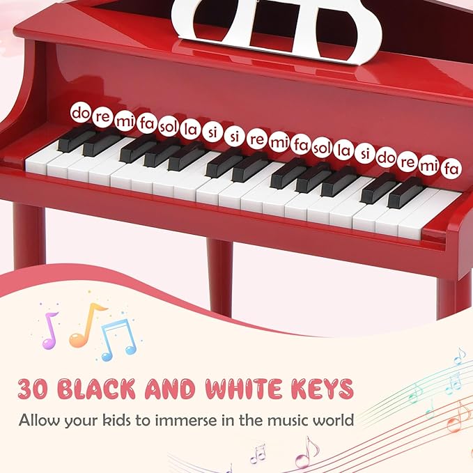 Goplus 30-Key Classical Kids Piano, Mini Grand Piano Wooden Learn-to-Play Musical Instrument Toy with Bench, Piano Lid, Music Rack, Gift for Boys Girls Aged 2+ Baby Toddler (4 Straight Leg-Red)