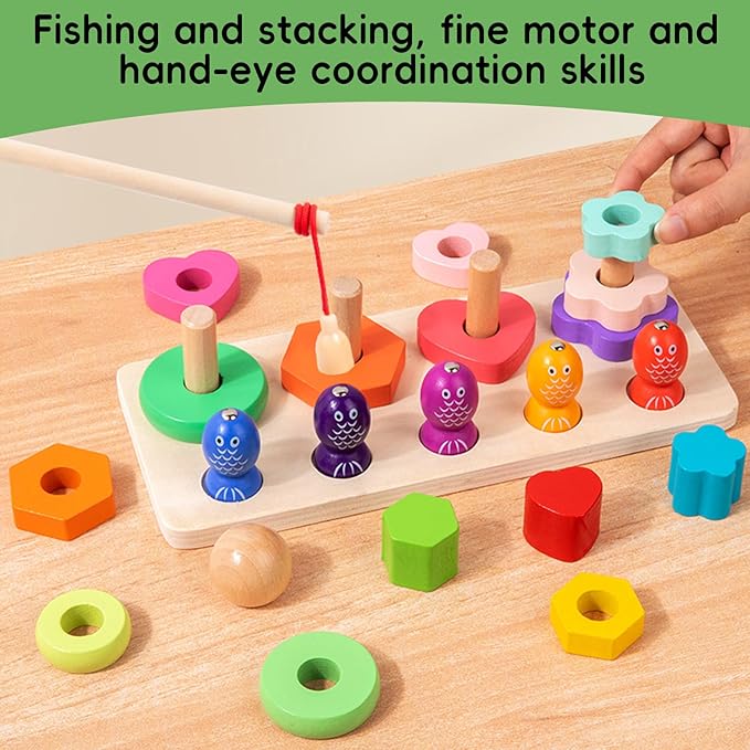 Wooden Magnetic Fishing and Shape Block Stacking Toys 2-in-1, Montessori Early Childhood Games for Toddlers, Gifts for 3-Year-Old Boys and Girls