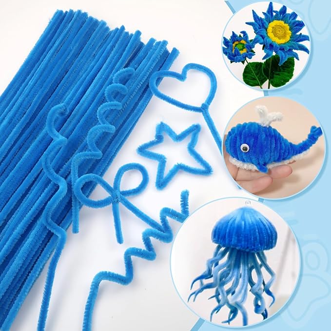 TOAOB 100pcs Pipe Cleaners Lake Blue Chenille Stems Craft Supplies 6mm x 12 Inch Fuzzy Sticks with 100pcs Googly Eyes for Art DIY Crafts Decorations