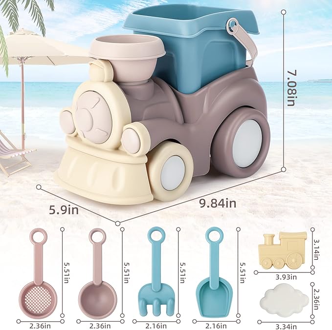 QLT Beach Toys for Toddlers - Kids Sand Toys Include Train Beach Truck, Beach Bucket, Scoop, Trowel, Colander, Rake, Sand Castle Toys - Sandbox Toys with Gift Box