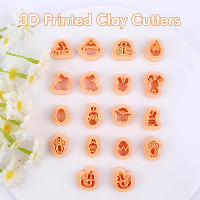 Puocaon Easter Polymer Clay Cutters - 18 Pcs Stud Clay Earring Cutters, Mini Chicken Eggs Baby Rabbit Clay Cutters for Polymer Clay Earrings, 3D Print Mini Clay Cutters for Earrings Making