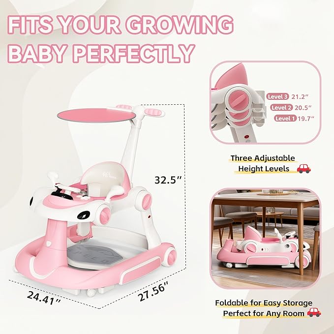 Baby Walker with Wheels, 7-in-1 Foldable Baby Walkers for Boys Girls 6-12 Months with Feeding Tray & Music, Lights,Rocker,Sun Canopy, Bouncing Pedal, Adjustable Wheel Speed, Push Walker (Pink)