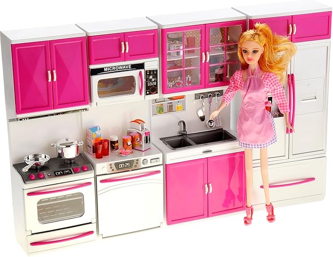 PowerTRC Doll Kitchen Play Set, Mini Modern Toy Pink Kitchen Pretend Furnitures Toy Set Accessories Set with Realistic Light & Sound for Kids Toddlers Girls (4-in-1 w/ 11.5โ Doll)
