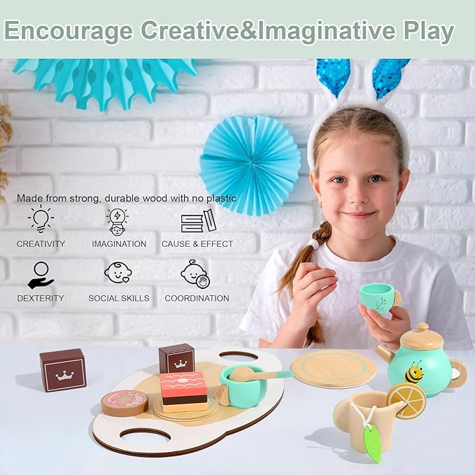Wooden Tea Set for Toddlers Pretend Play Kitchen Accessories Little Girl Toys Tea Party Set with Wooden Toys for Afternoon Tea Pretend Play for Toddlers 3-5