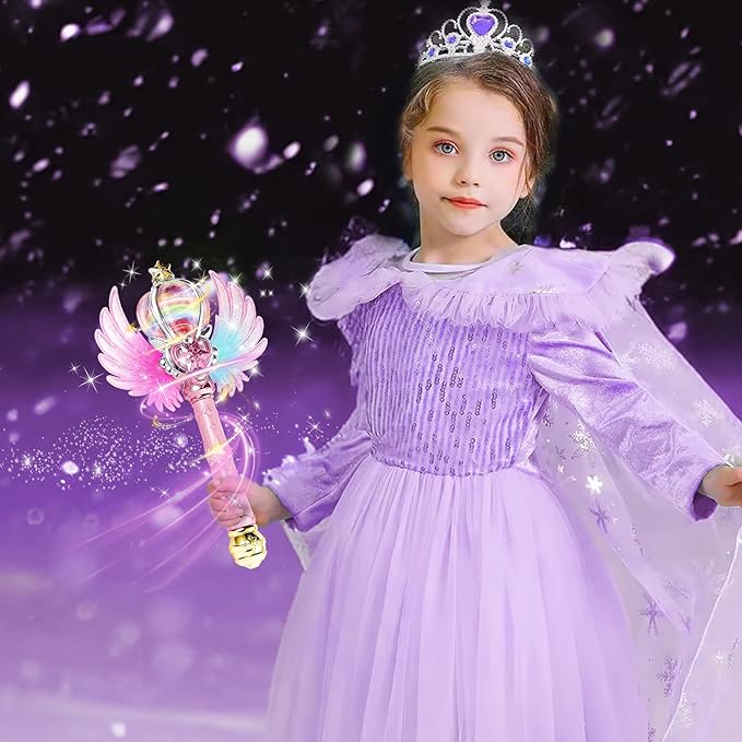 Light Up Snowflake Wand with Spinning LEDs and Sound Magic Princess Toys for Kids Girls Birthday Cosplay Party Favors, Pink