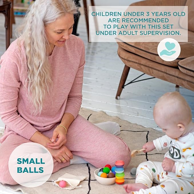 Ulanik Balls on Plates Toddler Montessori Toys for 1+ Year Old Kids Wooden Matching Game for Learning Color Sorting and Counting — 12 Balls, 1.18 in