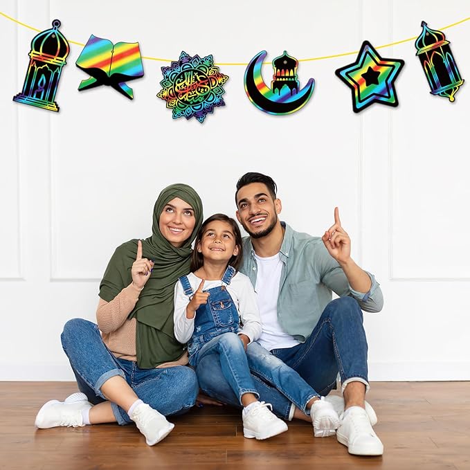 HOWAF 36pcs Ramadan Mubarak Scratch Paper Art Kit, Eid Mubarak Rainbow Scratch Off Cards for Eid Holiday Activity School DIY Drawing Project Supplies, Ramadan Kareem Paper Scratch Pad for Kids