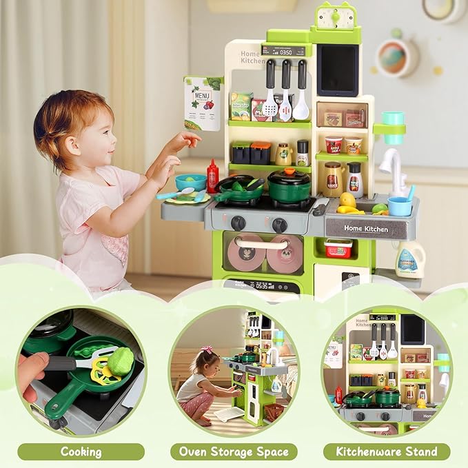 Kids Kitchen Playset, Easface Play Kitchen for Toddlers 1-3 with Sound and Light, Cooking Stove with Steam, Play Sink and Toy Kitchen Accessories Pretend Kitchen Toys for Girls Boys 3-5 (Soft Green)