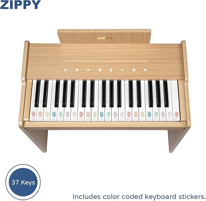 ZIPPY Kids Piano Keyboard, 37 Keys Digital Piano for Kids, Touch Sensitive Control Panel, Built-in Songs, Volume Adjustable, Music Educational Instrument, Wood Piano for 3+ Girls and Boys, Oak Plus