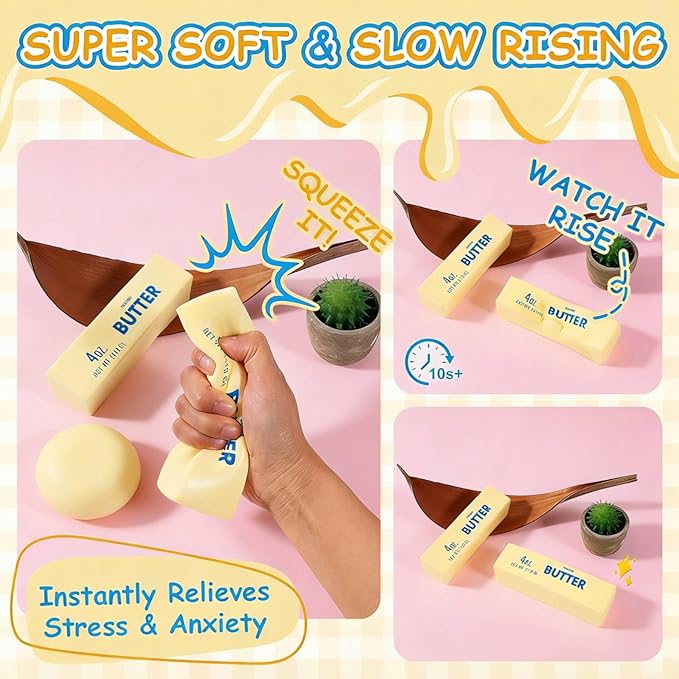 4PCS Butter Squishy, Super Soft Butter-Shaped Slow Rising Squeeze, Stress Relief Anxiety Relaxation Squishies, Ideal for Birthday Gifts, Party Favors, Classroom Prizes, Easter Basket Stuffers