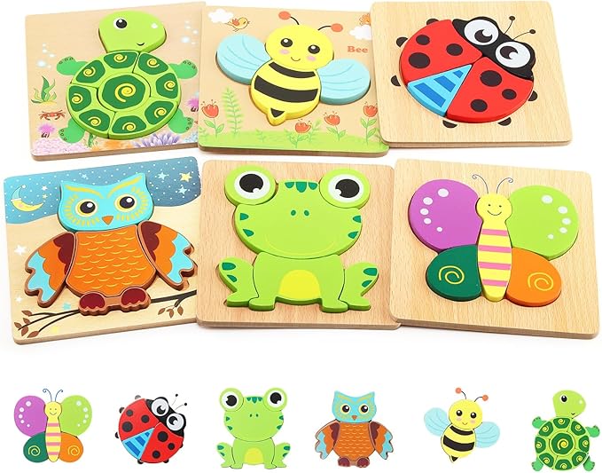 Wooden Puzzles for Toddlers 2-4, 6 Pack Animal Puzzles for Age 1-3, Montessori Educational Toy for 1,2,3,4 Years Old Boys and Girls, Baby Toys Gifts Package Storage