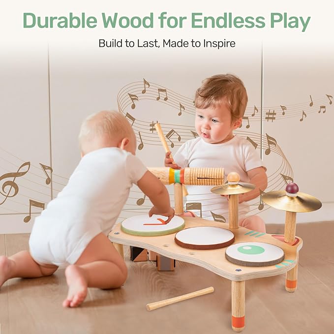 OATHX Kids Drum Set for Toddlers 3+, All-in-One Montessori Musical Instruments - Wooden Music Toys for Baby, Neutral Colors, Sensory Preschool Drum Kit, Birthday Gifts for Boys Girls