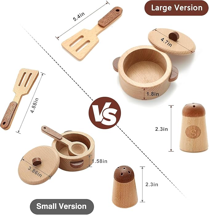 WHOHOLL Play Kitchen Accessories, Wooden Kitchen Sets for Kids, Toy Pots and Pans for Kids Kitchen, Toddler Cooking Toys for Kids Ages 3-5, Montessori Kitchen Tools for Boys Girls Gifts (Large)