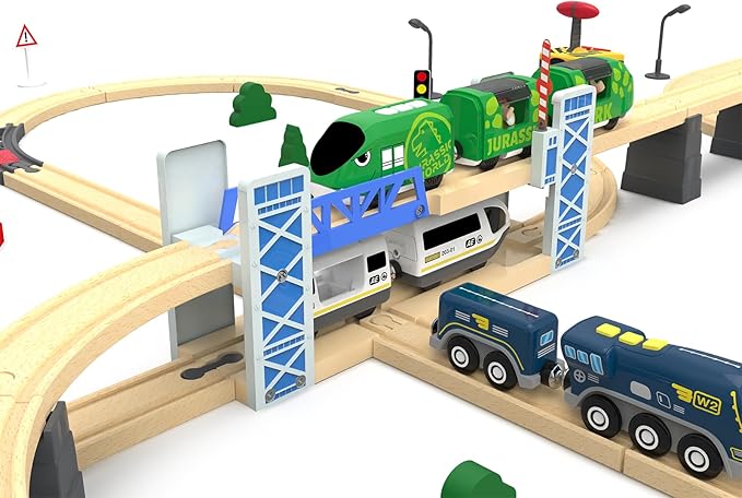 Z MAYABBO Wooden Train Set Accessories Wood Railway Bridge for Railroad Tracks, 2-Level Overpass Compatible for All Railway Tracks System