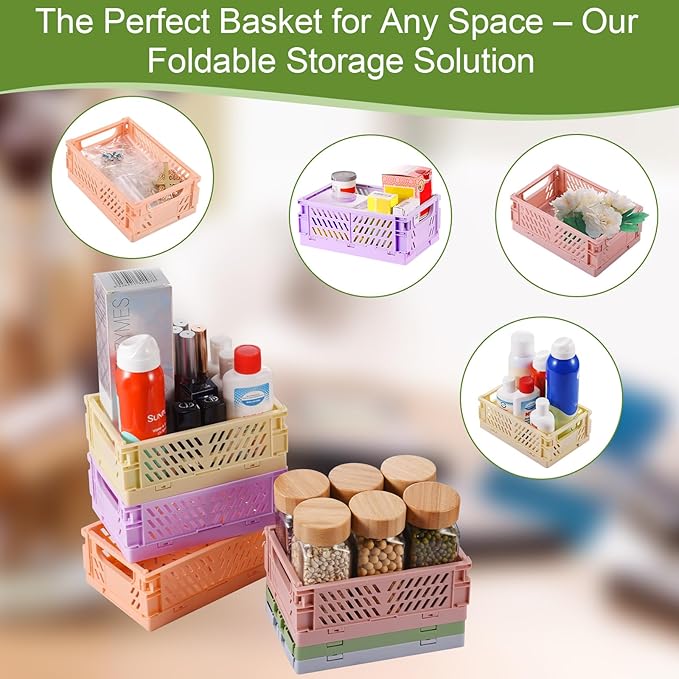 HUUSMOT 2-Pack Small Pastel Plastic Storage Baskets, Collapsible Crates for Organizing, Space-Saving Mini Bins for Classroom, Kitchen, Office, Bedroom (Pink, 9.8" x 6.5" x 3.8")