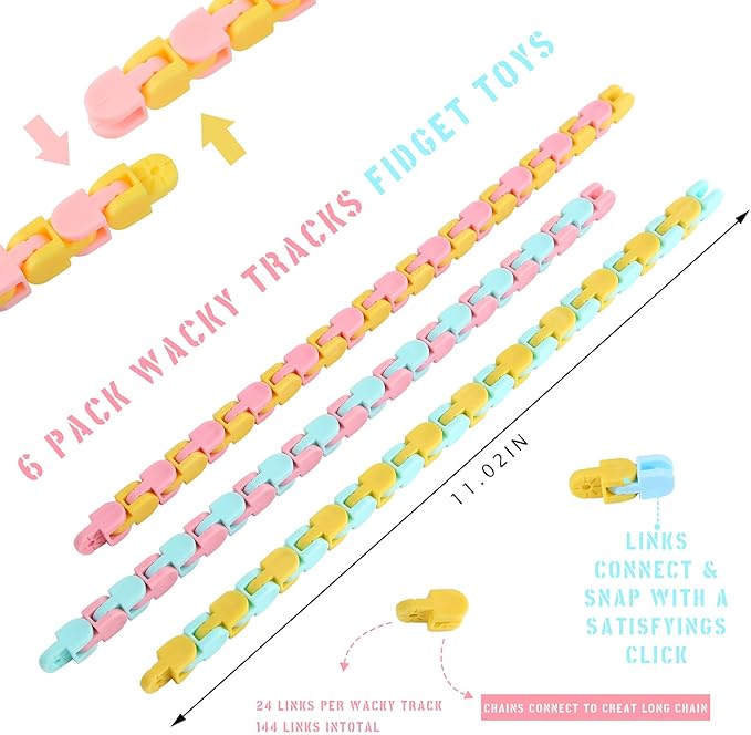 Woosir 6 Pack Wacky Tracks Fidget Toys Gifts for Kids Classroom Brithday Christmas Party Favors 24 Links Sensory Snap Fidget Snake Click Toys for Kids Adult Stress Relief Party Gifts Macarons Colors