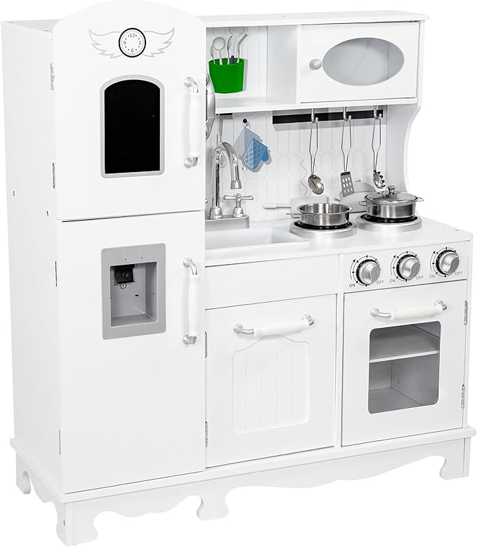 Sunnydaze Chef Sounds Interactive Play Kitchen for Kids - Wooden Kitchen Playset with Lights, Sounds, and Accessories - White