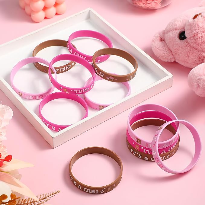 Zomiboo 36 Pieces Baby Shower Rubber Bracelets, It's a Boy It's a Girl Wristbands Elephant Baby Shower Decorations for Boy Girl Baby Shower Party Favor Gender Reveal Party Supplies (Pink Bear Style)
