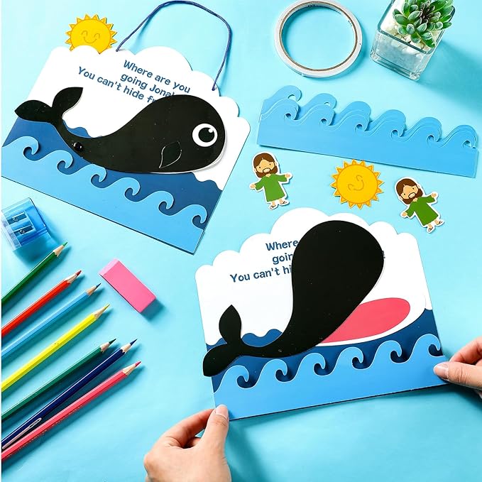 Wenqik 48 Pcs Jonah and The Whale Craft Kit DIY Christian Sunday School Crafts Jonah and The Whale Decorations Make Your Own Jonah and The Whale Set for Kids Classroom Fun Activities Art Supplies