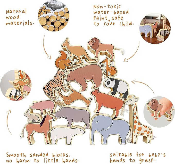 Xylolin Wooden Zoo Animal Blocks Stacking and Balancing Toy, Toddler Wood Animal Figures Blocks Imaginative Play, Preschool Educational Toys and Stack Balance Games for Kids