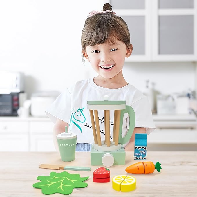 Teamson Kids Play Kitchen Accessories Little Chef 13 Piece Wooden Smoothie Blender Set with Cutting Fruit, Ingredients and to-Go Cup with Straw