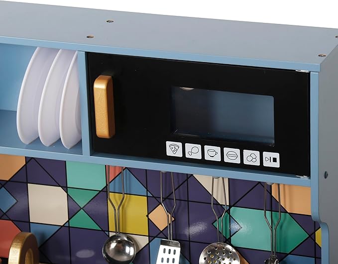 Wooden Play Kitchen Toy Set with Light, Kids Children Pretend Toy Kitchen Playset, Sink Play Toy Oven with Microwave,Toddler Cooking Set Toy for Ages 3+ Baby Girls Boys (Blue)