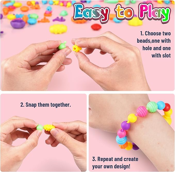 FUNZBO 520+ Snap Pop Beads - Beads for Bracelets Jewelry Making Kit, Arts and Crafts Supplies for Kids, Toys for Girls Age 3 4 5 6 7 8 Years Old Birthday Easter Holiday Valentine Gift