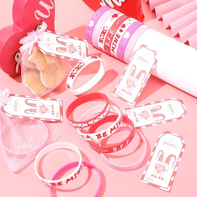 Liliful 24 Set Valentine's Day Classroom Gifts for Kids, 24 Pink Red Love Heart Silicone Wristbands with Cards and Organza Bags for Students Exchange Gift Valentine Party Favors Goodie Bag Stuffers