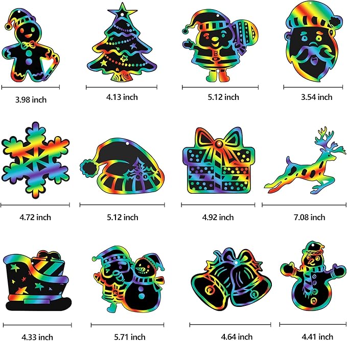 Max Fun Christmas Crafts Scratch Art for Kids, 96PCS Ornaments Rainbow Magic Color Scratch Off Cards Paper Hanging Art Craft Supplies Educational Toys Kit for Kid Party Favor