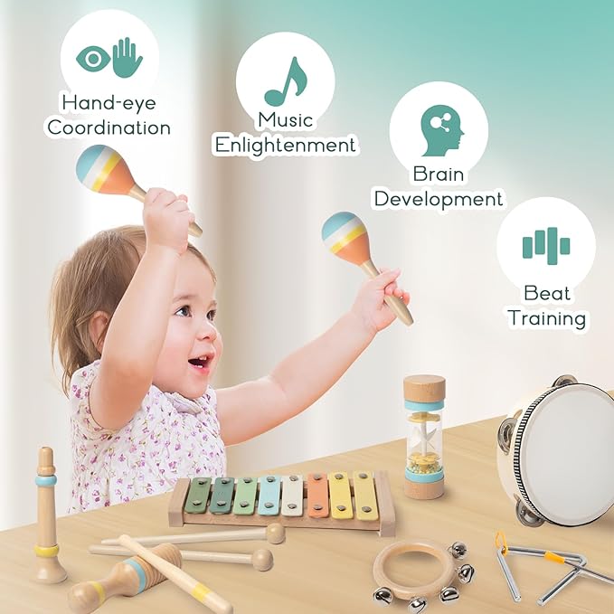 Toddlers Musical Instruments - Montessori Musical Toys for Toddlers 1-3,Modern Boho Xylophone,Neutral Colors Wooden Percussion Instruments Set