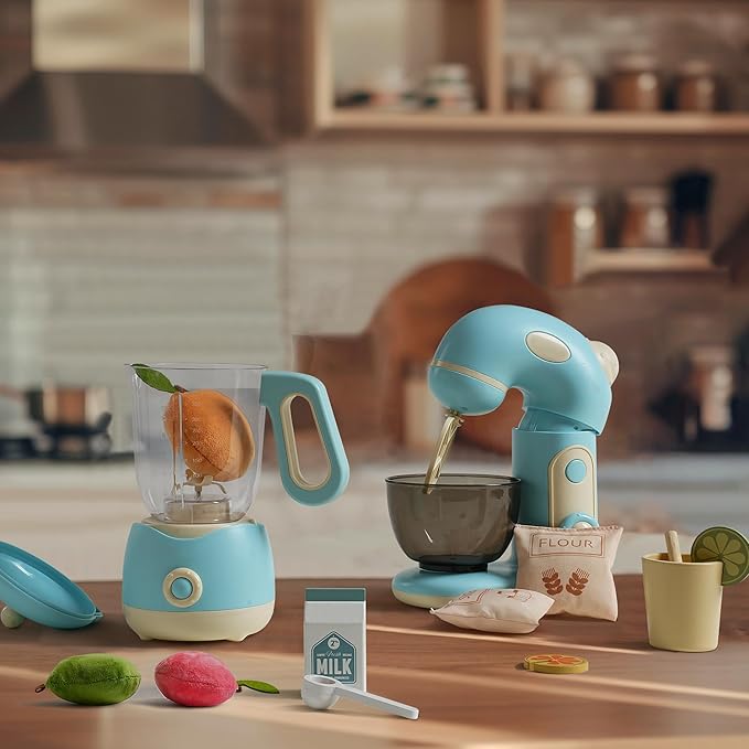 ROBOTIME Pretend Play Kitchen Appliances Toy Set, Toy Blender and Toy Mixer with Realistic Light and Sounds, Play Kitchen Accessories Set for Kids Ages 3+, Pretend Kitchen Toys for Boys and Girls