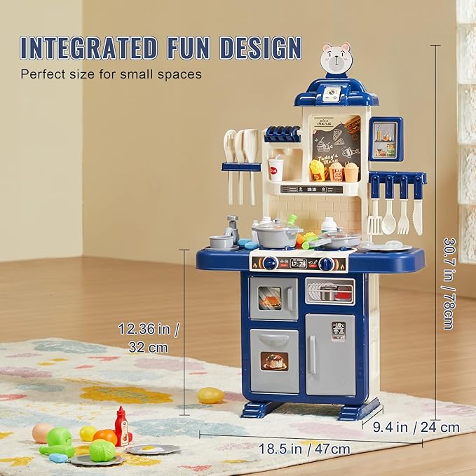 VEVOR Kids Kitchen Playset 48PCS, Pretend Play Kitchen with Cooking Stove with Steam, Sounds and Lights, Play Sink and Play Food, Toy Kitchen Set for Toddlers (Blue) Size 18.5" x 9.4" x 30.7"