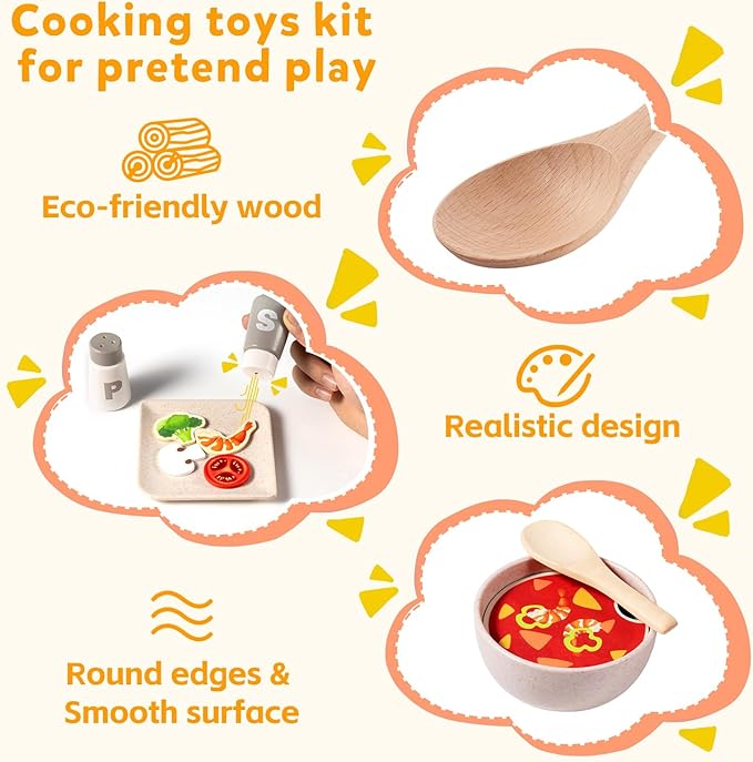 OMYBaby Wooden Play Kitchen Accessories Set for Toddlers, 25PCS Cooking Playset Food Toys with pots & Pans, Melissa and Doug Pretend Play Kitchen Toys Gift for Kids 3Y+
