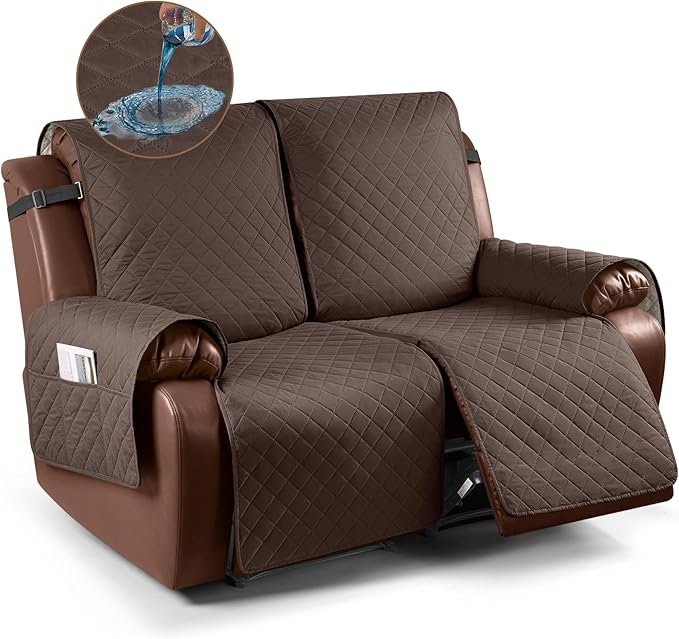 KinCam Waterproof Loveseat Recliner Cover, Non-Slip Reclining Couch Covers for 2 Seat, Recliner Sofa Cover Furniture Protector with Elastic Straps for Kids, Pets, Deep Brown