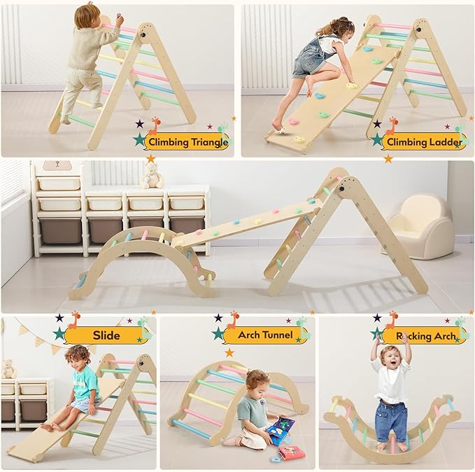 Wooden Pikler Triangle Set - 7 in 1 Montessori Foldable Toddler Climbing Toys for Early Learning - Includes Arch, Ramp, and Climbing Triangle - Indoor/Outdoor Playground Equipment for Toddlers